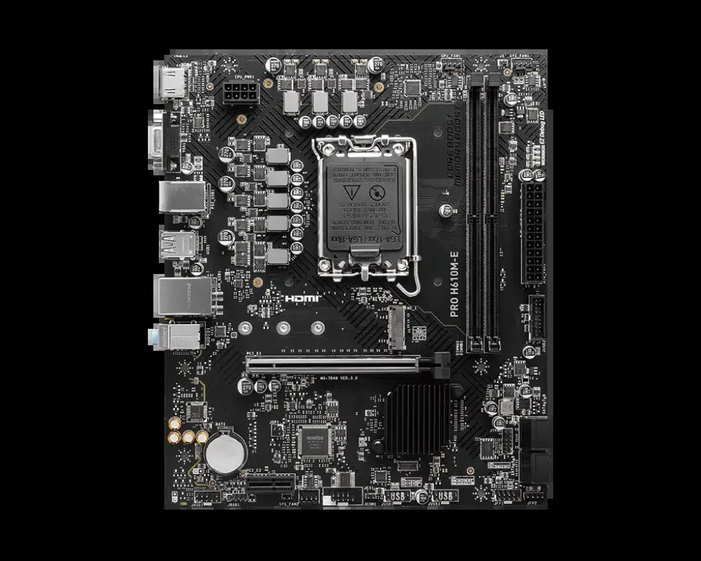 MSI PRO H610M-E mATX,LGA1700,Intel H610,2xDDR5 5600MHz,1xPCI-E4.0,1xM2, 4xSata,6Gb/s,1GbE,2xUSB3.2, 4xUSB2.0,HDMI, VGA (D-Sub)