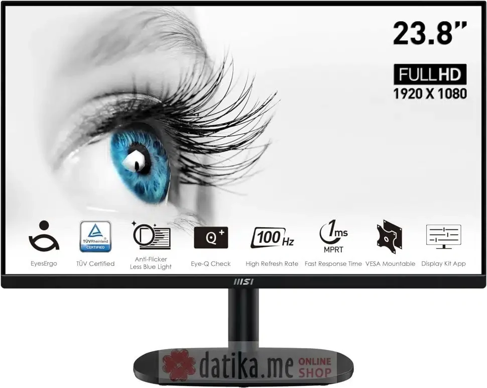 Монитор 23.8" MSI PRO MP245V (1920×1080, VA, 1 ms/4 ms, 100Hz, 300 cd/m², 4000:1, 178°/178°, HDMI, VESA 100×100, HDMI cable) Black