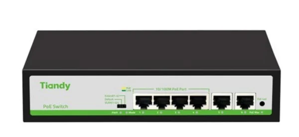 HUB Switch TIANDY TC-P3S06 Spec:F/0420/AT/55 4x10/100Mbps PoE,2x100Mbpc,PoE budget:55W Metal