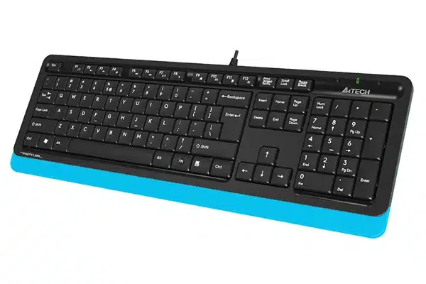 Клавиатура A4tech Fstyler FK-10-BLUE USB, мембранная, закругленные клавиши, лазерная гравировка , высокая стойкость и долговечность, горячие клавиши,456x156x24 мм, Анг/Рус, 1.5m, Чёрный-Голубой