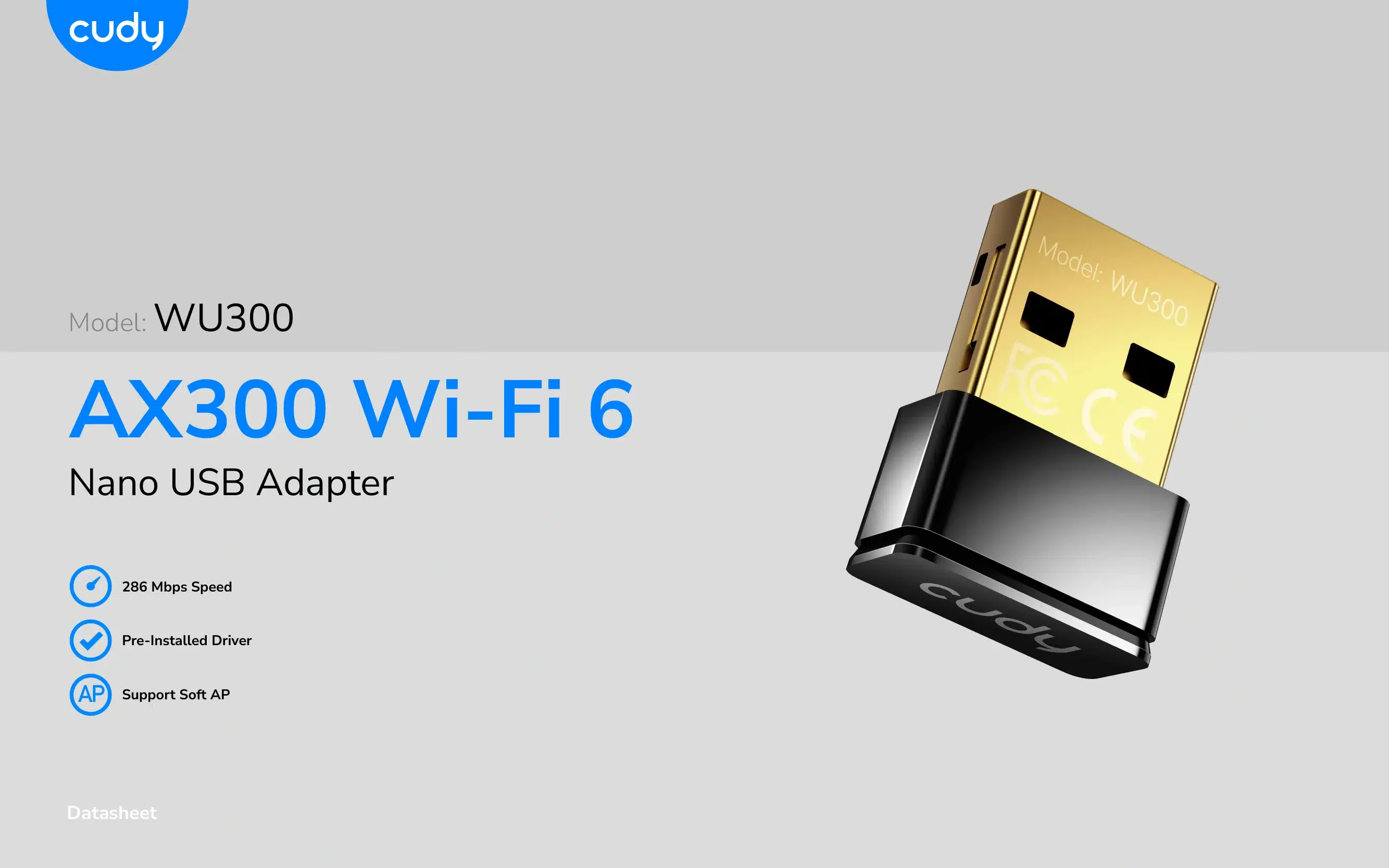 Беспроводной сетевой адаптер Wi-Fi CUDY WU300 AX300 286Mbps Wi-Fi USB Adapter, Mini Size,286Mbps at 2.4GHz, Nano Size, USB 2.0