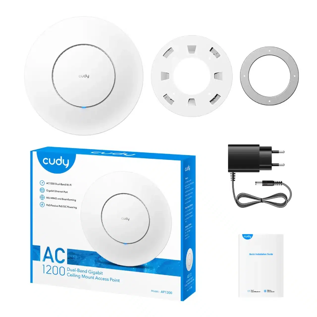 Точка доступа CUDY AP1300 AC1200 Dual-Band, 300MB/s 2.4GHz, 867Mb/s 5Ghz, 4 antennas, 4-Stream Dual-Band Wi-Fi 5, 1× Shielded GbE PoE In