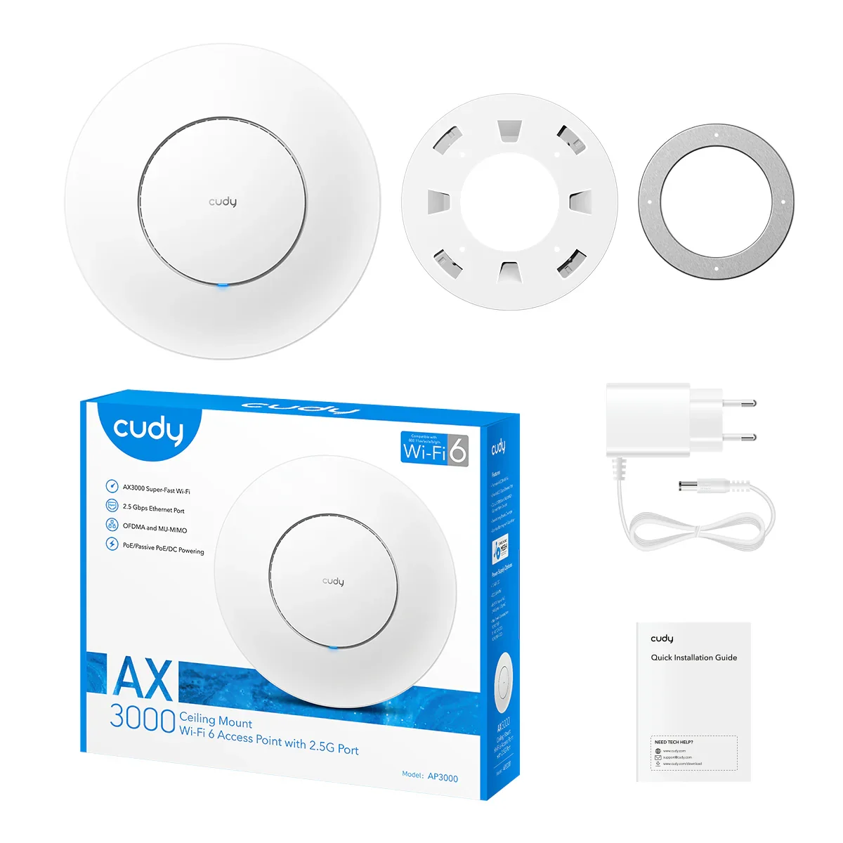 Точка доступа CUDY AP3000 AX3000 Dual-Band, 574MB/s 2.4GHz, 2402Mb/s 5Ghz, 5 antennas, 4-Stream Dual-Band Wi-Fi 5, 1× Shielded GbE PoE In