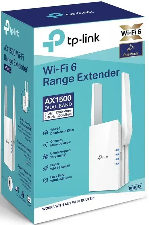 Усилитель Wi-Fi сигнала TP-Link RE505X, 802.11a/b/g/n/ac/ax, AX1500, 2 внешние антенны, 1 порт 10/100/1000T