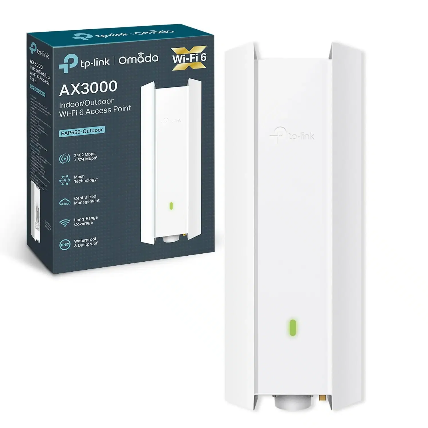 Wi-Fi точка доступа TP-Link EAP650-Outdoor, IEEE 802.11a/b/g/n/ac/ax, AX3000, 1 гигабитный порт Ethernet RJ45 (с поддержкой PoE 802.3at и Passive PoE 48В адаптер PoE идёт в комплекте)