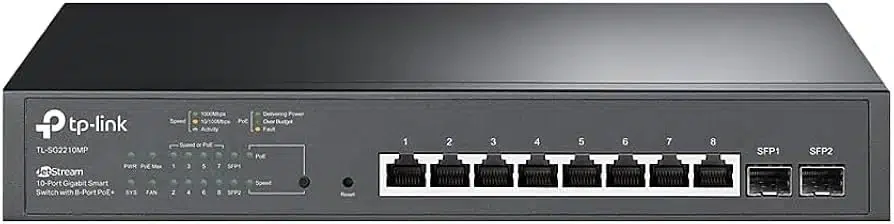 Коммутатор TP-Link SG2210MP, 8 портов 10/100/1000 Мбит/с (RJ45) с поддержкой PoE+ , 2 гигабитных слота SFP (150 Вт), Управляемый