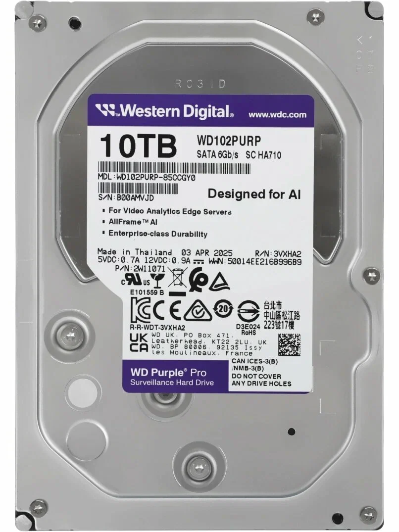 WD 10TB 7200rpm 256MB WD102PURP PURPLE SURVEILLANCE SATA3