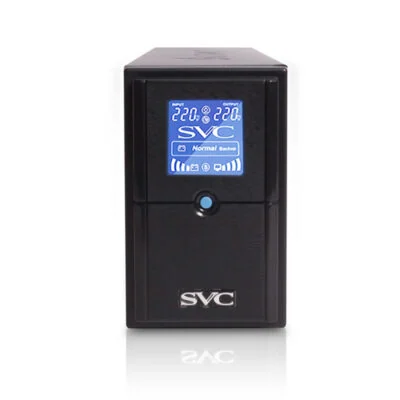 Источник бесперебойного питания SVC V-600-L-LCD, Мощность 600ВА/360Вт, Диапазон работы AVR: 165-275В, AVR в режиме Booster: 138-292В, Бат.: 12В/7.5 Ач*1шт., 3 вых.: 2 Shuko CEE7+1 IEC C13 (Bypass), Чёрный