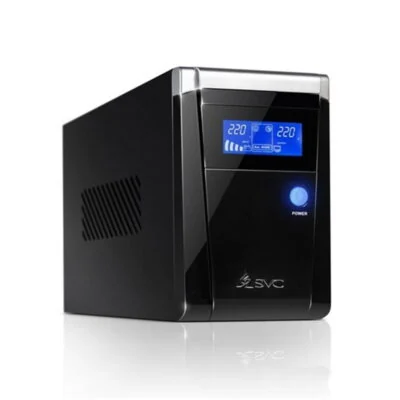 Источник бесперебойного питания SVC V-1200-F-LCD, Smart, USB, Мощность 1200ВА/720Вт, Диапазон работы AVR: 165-275В, Бат.: 12В/7.5 Ач*2шт., 3 вых.: Shuko CEE7., Защита тел. линии, Чёрный