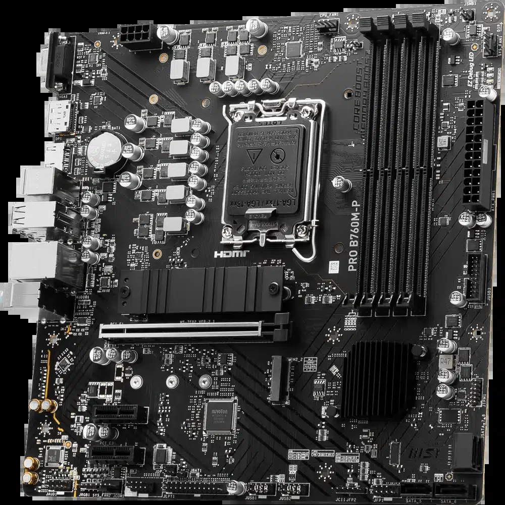 MSI PRO B760M-E mATX,LGA1700,Intel B760,2xDDR5 5600MHz,1xPCI-E4.0,1xPCI-E3.0, 1xM2, 4xSata,6Gb/s,1GbE,2xUSB3.0, 4xUSB2.0,HDMI, VGA (D-Sub)