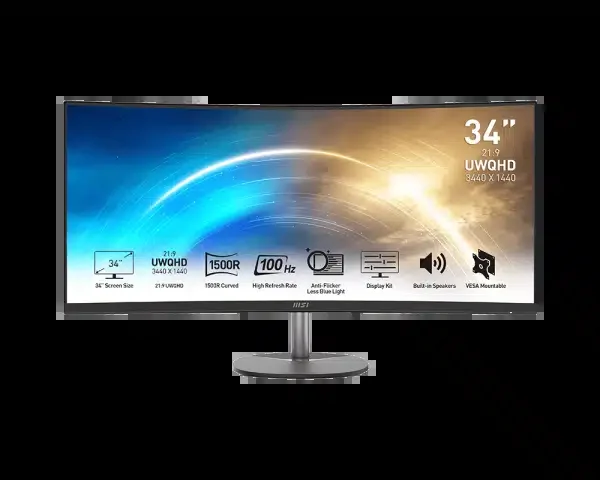 Монитор 34" MSI PRO MP341CQ (3440×1440, VA, 4ms/1ms, 100Hz, 3000:1, 178°/178°, HDMI, DP, VESA 100x100, HDMI cable) Black